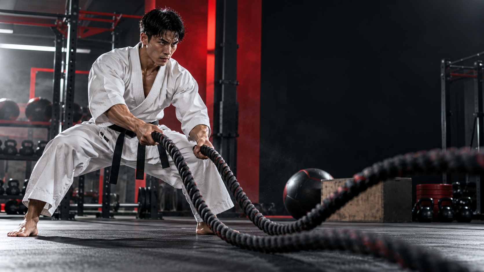 Ilustrasi latihan Strength & Conditioning untuk meningkatkan kekuatan, kecepatan, daya tahan, dan performa atlet karate.